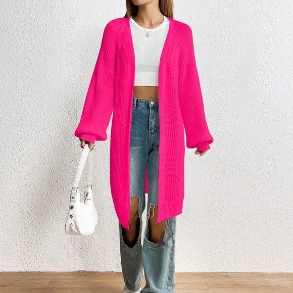 Pink Casual Womens Solid Raglan Sleeve Duster Cardigan - Picture 2 of 5
